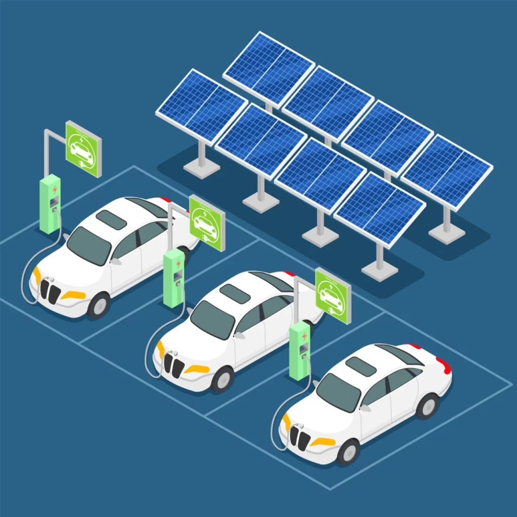 Flywheel energy storage reducing grid reliance at an EV charging station.